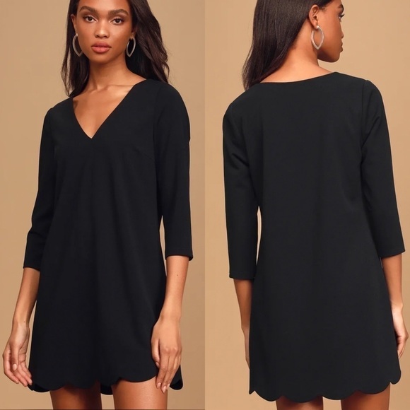 Lulus Love It All Three-Quarter Sleeve Scalloped Shift Dress‎ in Black Size XS - Picture 1 of 7